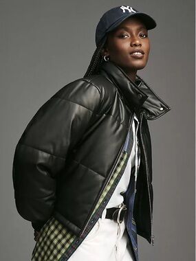 Anthropologie Vegan Leather Collared Puffer Jacket Black Medium